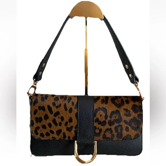 🆕 DIVINA FIRENZE 🇮🇹 Black Leather Leopard Fur Flap Shoulder/Crossbody Bag - Picture 1 of 15